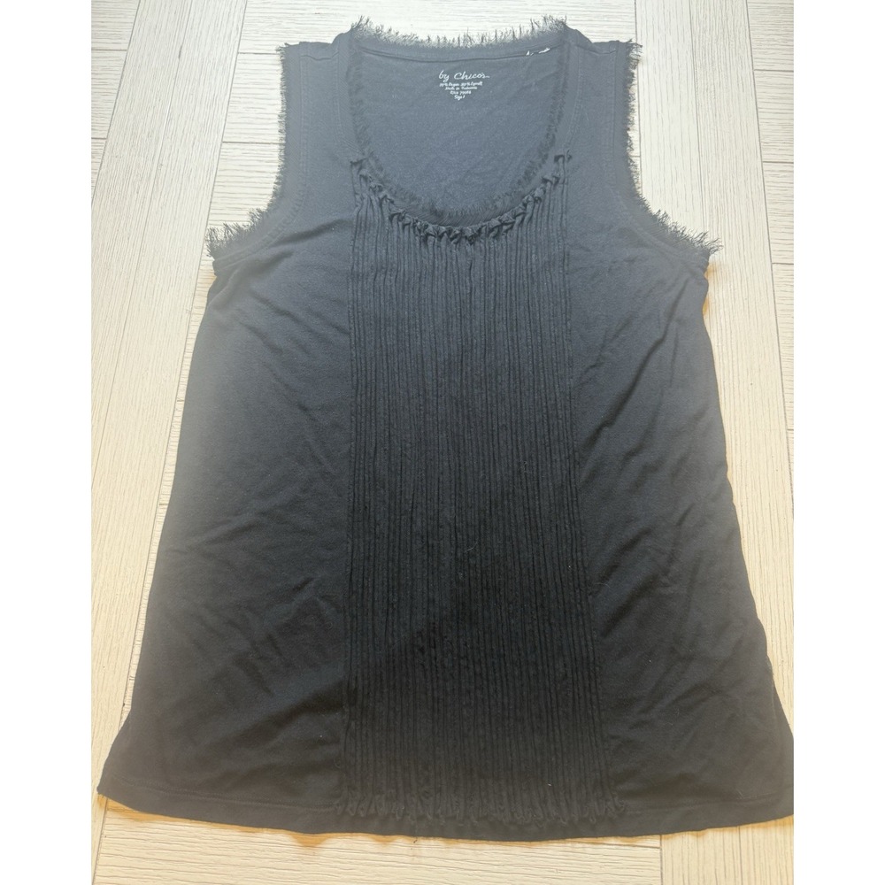 Chico's Pintuck Eyelash Lace Trim Basic Black Tank Rayon, Lyocell M Classic Chic